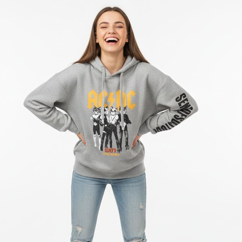 AC/DC Cats Hoodie Cats Love Nyan Feline Rock Band Music 100% Cotton Sweatshirt